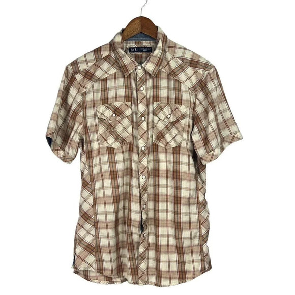 BKE Pearl Snap Shirt Mens M Standard Fit Multicolor Plaid Short Sleeve - Picture 1 of 6